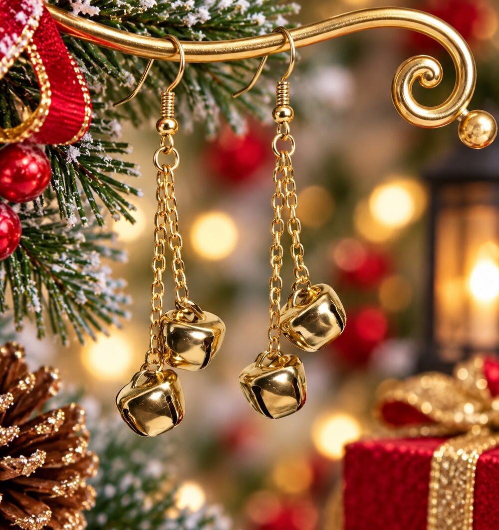 Handmade Christmas Gold Jingle Bell Dangle Earrings Holiday Jewelry #C39